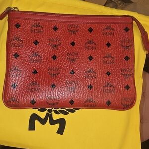 MCM Red Leather Pouch with Black Logo